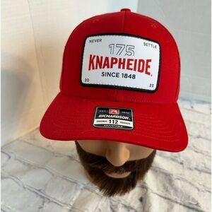 RICHARDSON 175 KNAPHEIDE NEVER SETTLE ORIGINAL 112 TRUCKERS SNAPBACK RED CAP O/S